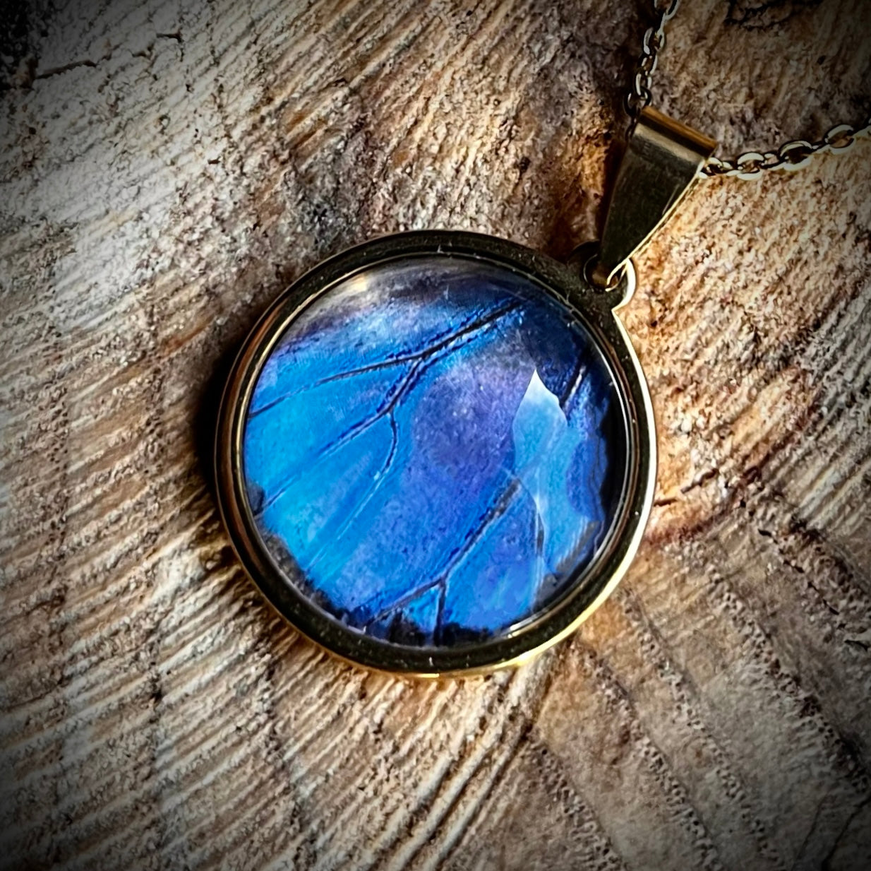 Blue Morpho Butterfly Wing Gold Necklace - 20mm