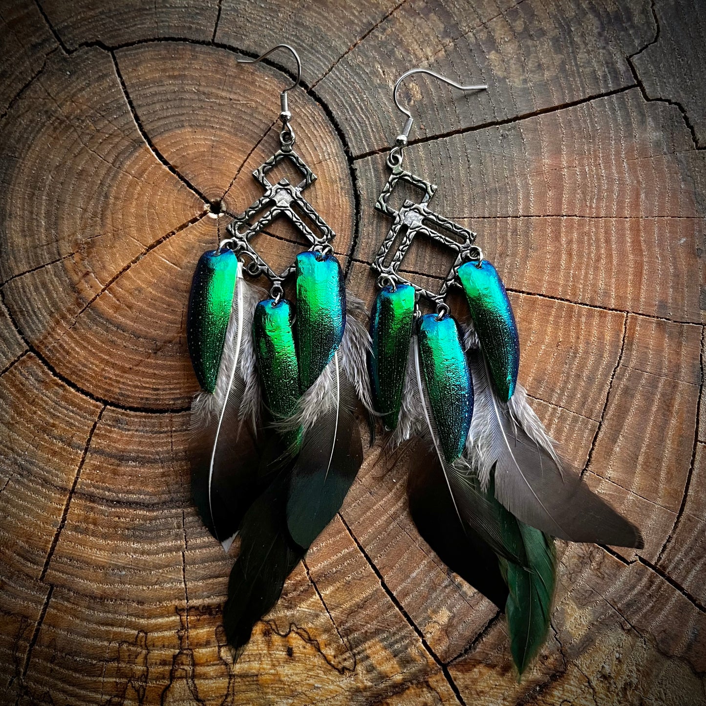 Elytra “Jewel Beetle” and Feather Earrings
