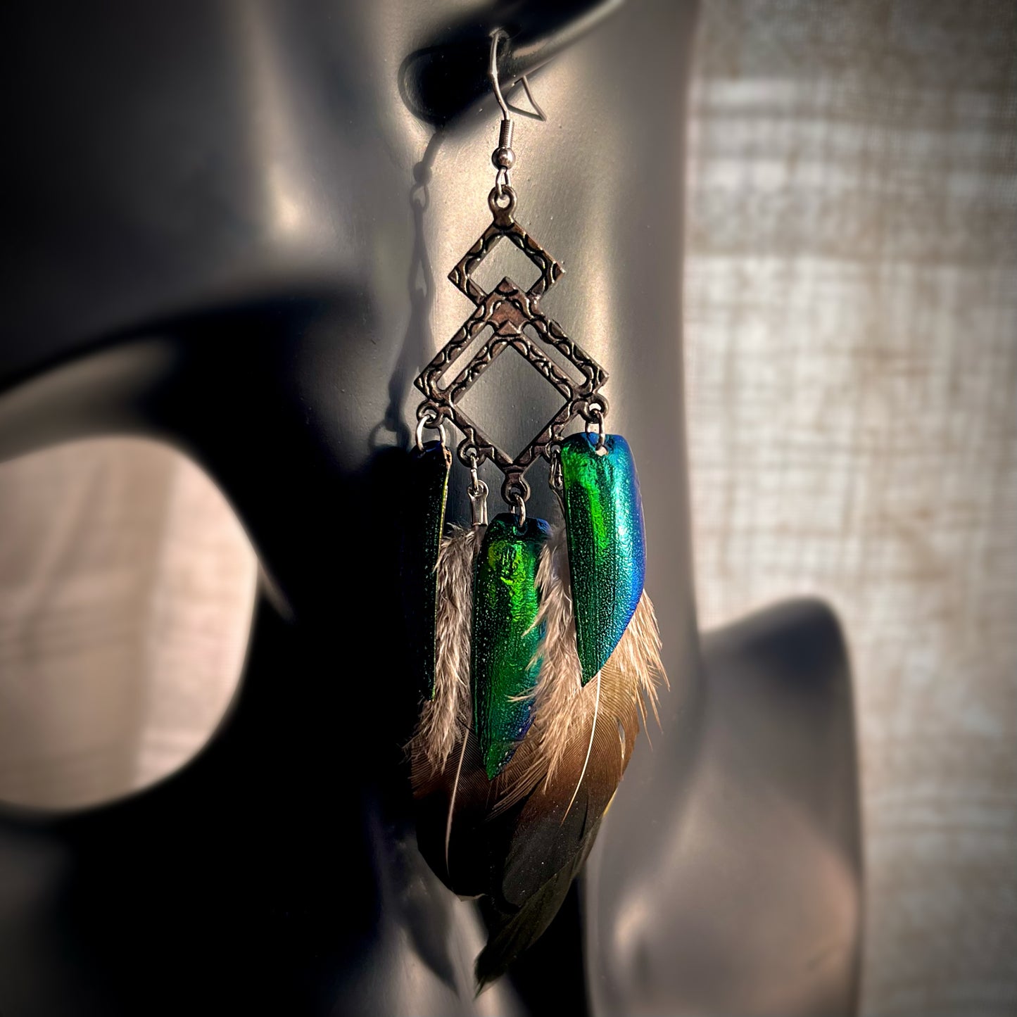 Elytra “Jewel Beetle” and Feather Earrings