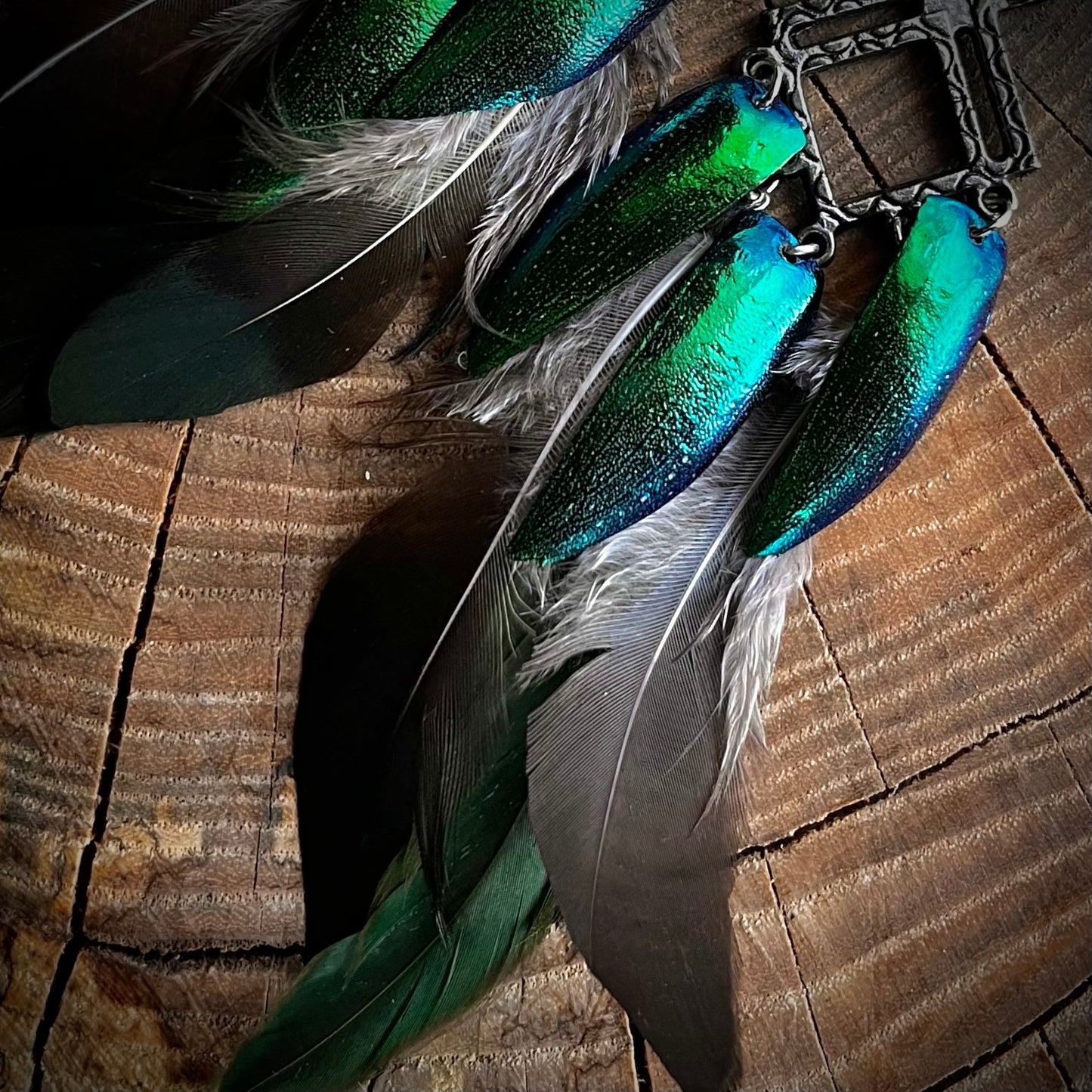 Elytra “Jewel Beetle” and Feather Earrings