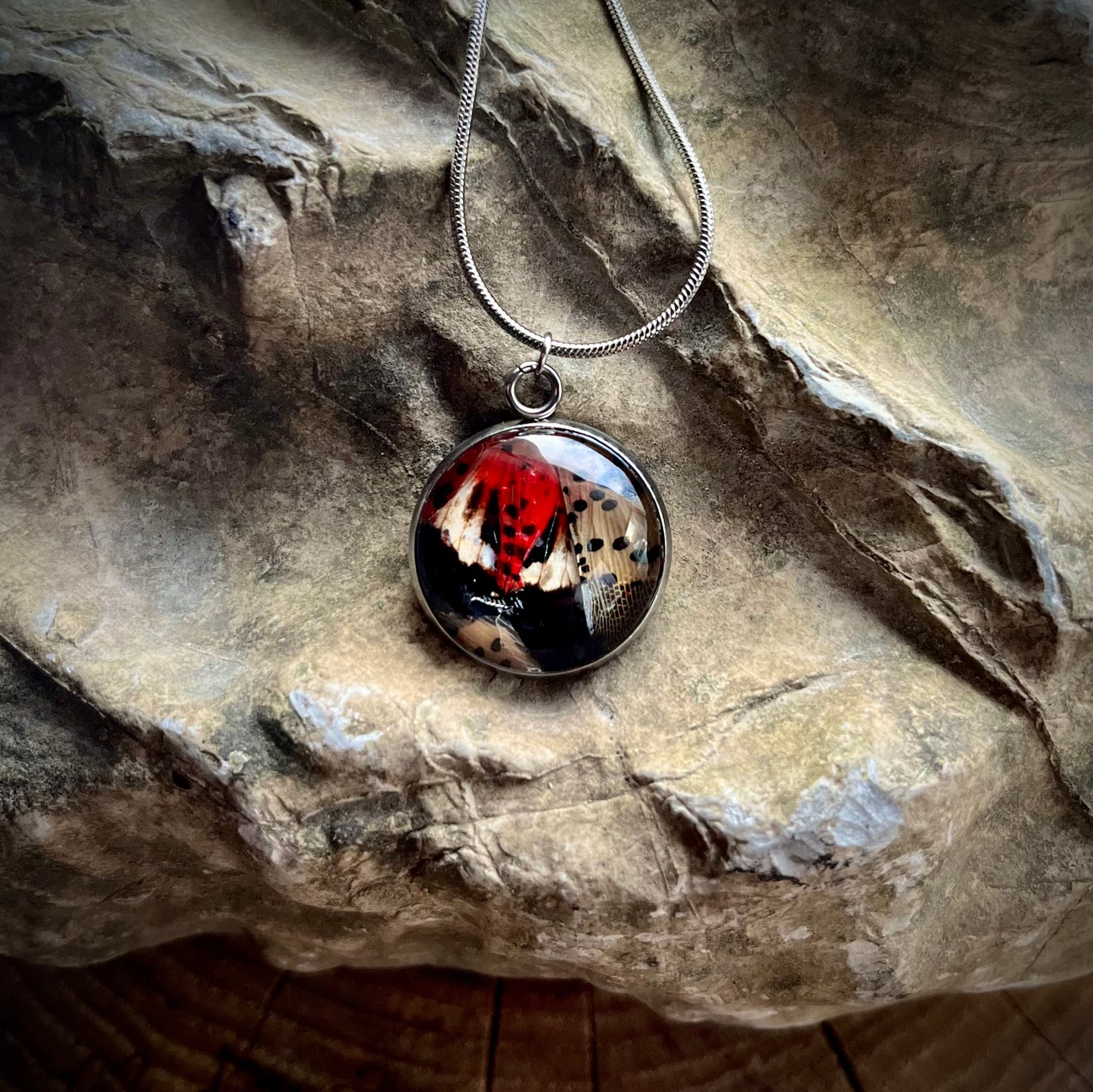 Lanternfly (Spotted Red) Complete Wing Silver Necklace - 20mm